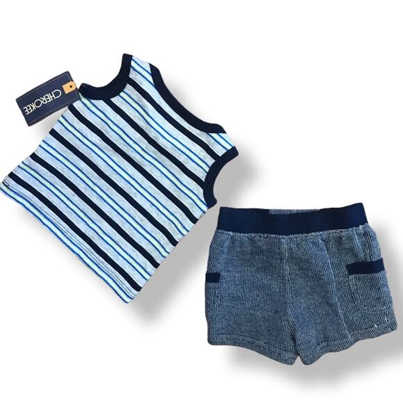 Cherokee Boys Outfit Size 0-3 Mo Blue Stripe Tank Shorts Set NEW - Picture 4 of 4